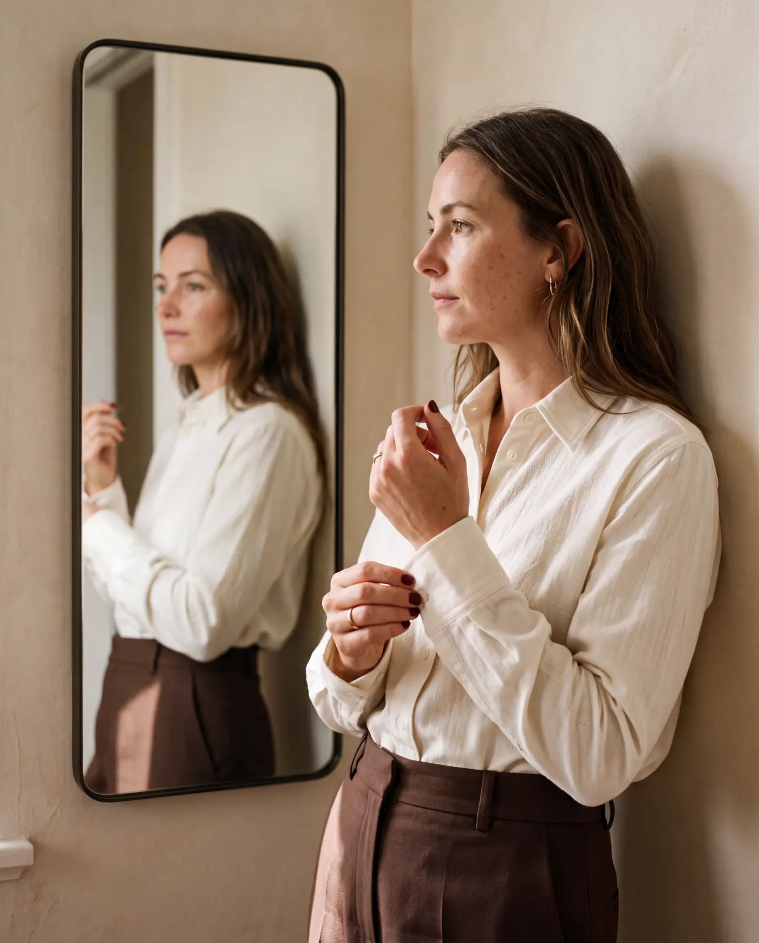 A woman leaning against a wall beside a mirror, her reflection looking back