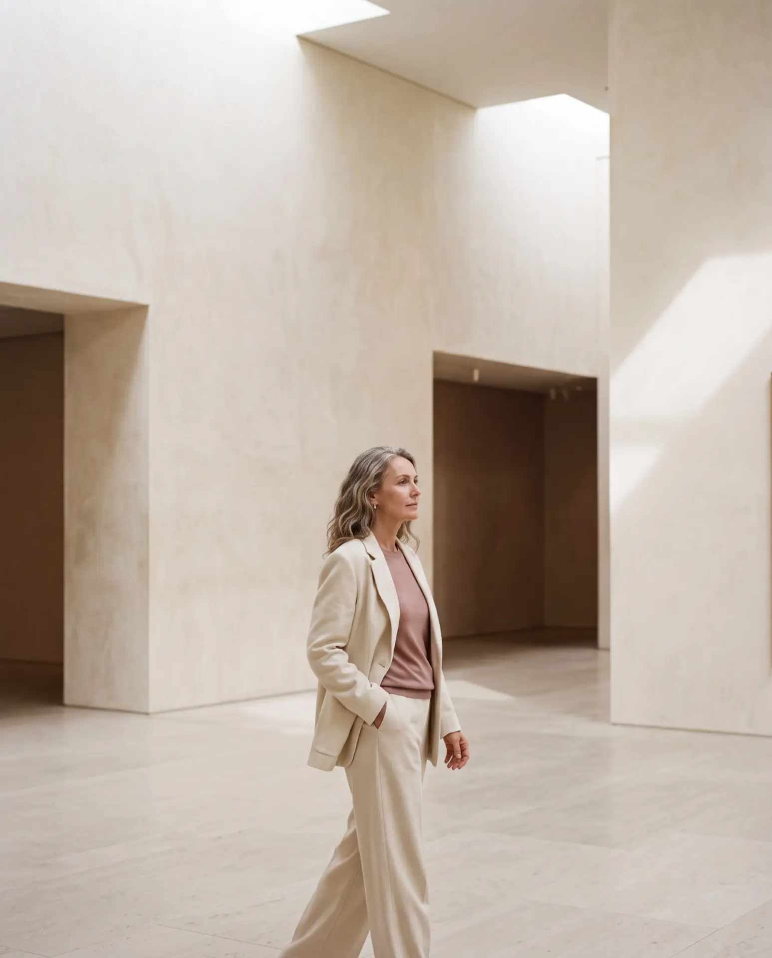 A woman in a cream suit walking through a quiet, light-filled gallery