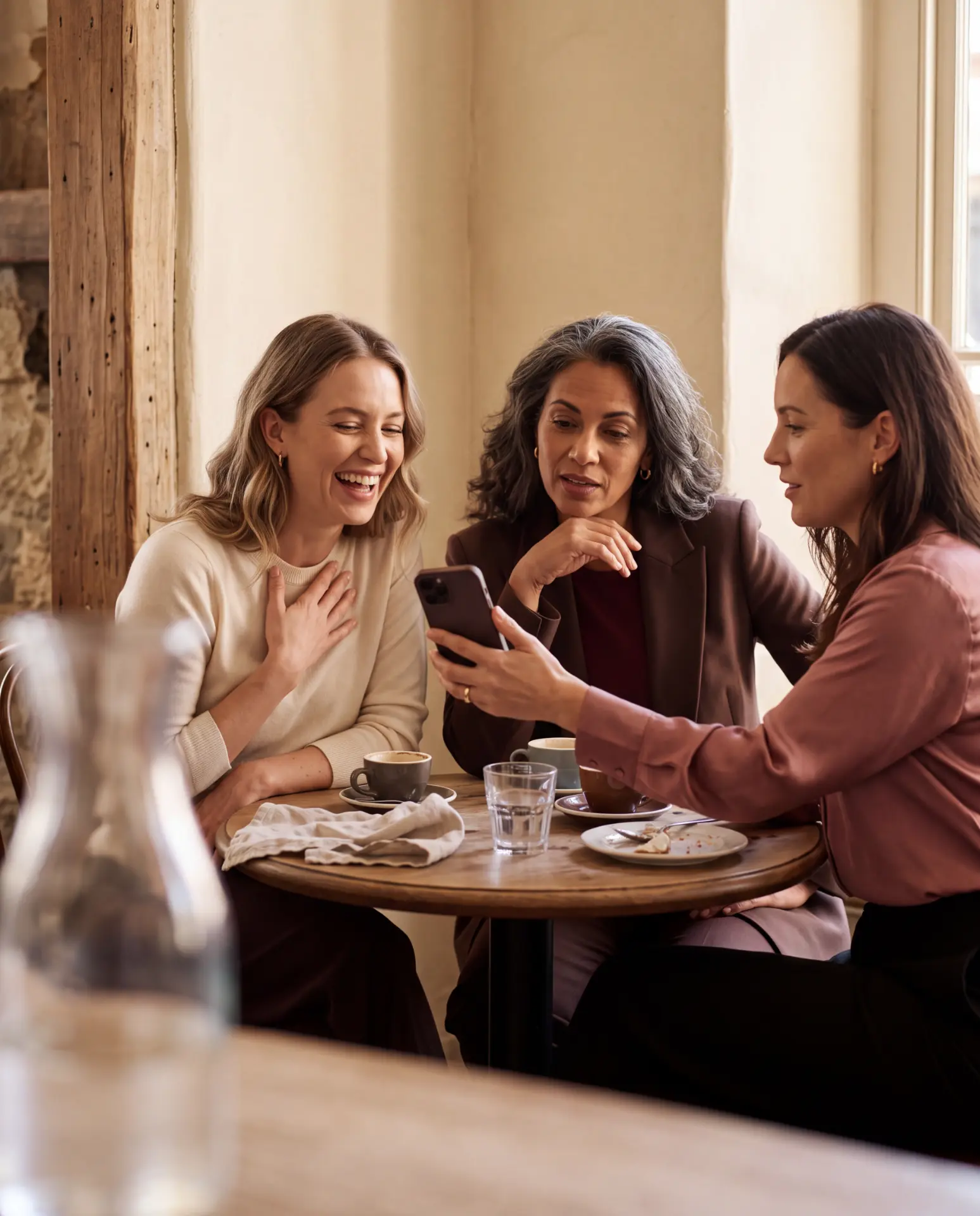 Three women at a cafe table laughing over something on a phone